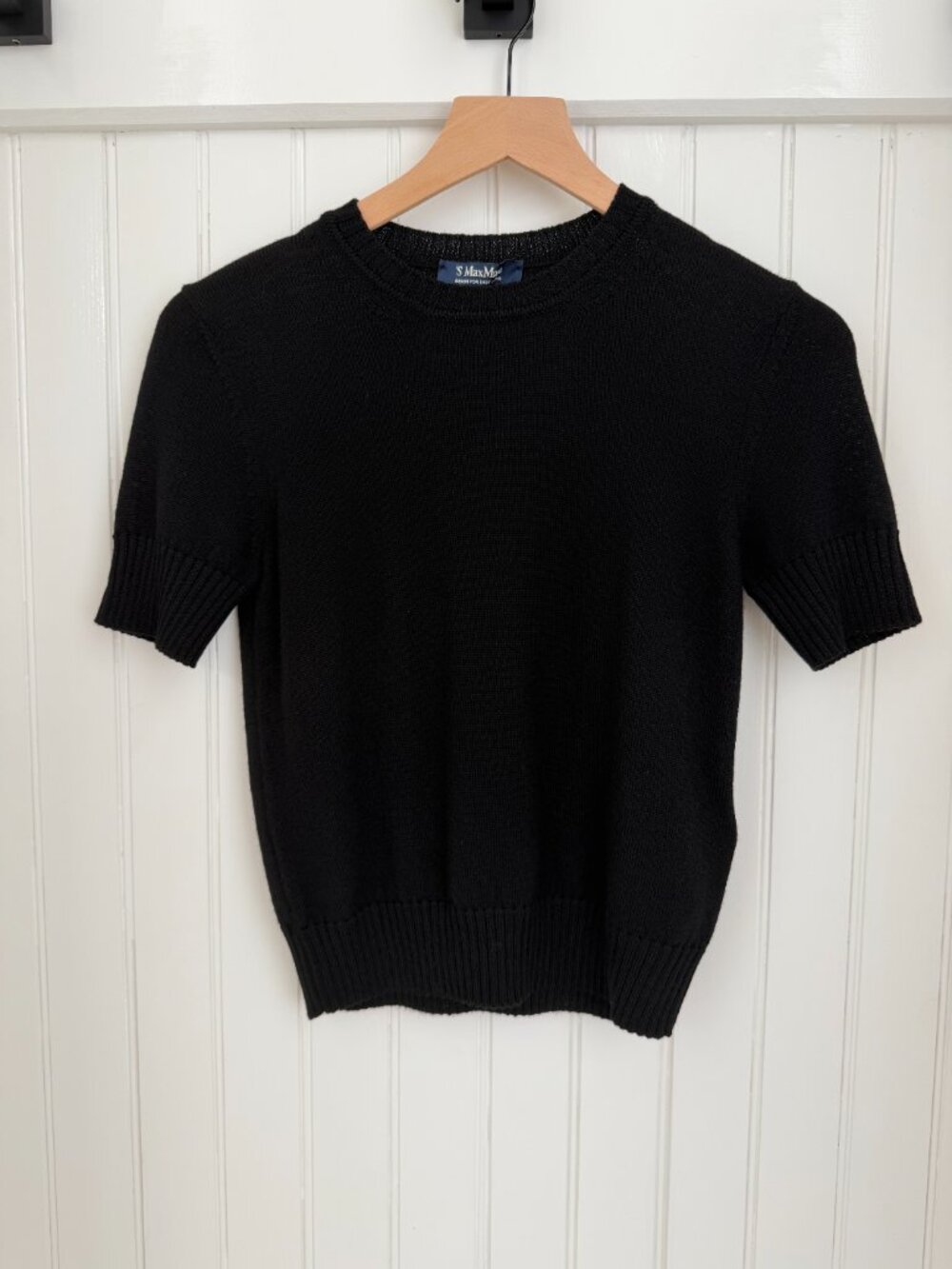 'S Max Mara Short Sleeve Sweater — Black, Crew Neck, Ribbed Trim, Size S